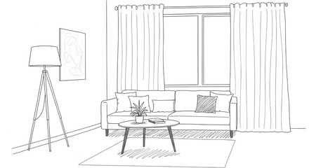 Line art illustration of a minimalist living room with a sofa, coffee table, floor lamp, and window view.