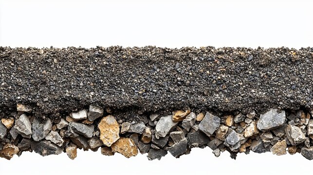 Construction Infrastructure Civil Engineering Skilled Trades Close-up of layered gravel and asphalt structure.