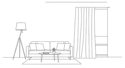 Line art illustration of a minimalist living room with a sofa, coffee table, floor lamp, and window view.