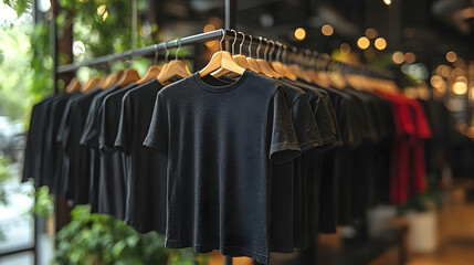 Display of various black t-shirts hanging in a modern retail store with blurred background ambiance