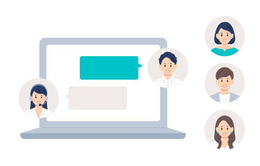 パソコンでオペレーターとチャットする若い男性（差し替え用のアイコンセット）【人物ベクターイラスト素材】