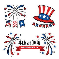 Fourth of July Celebration Illustrations – Patriotic Independence Day Designs with Fireworks, Flags, Banners, and Festive USA Symbols in Red, White, and Blue © RASEL