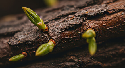 Spring life begins with fresh buds emerging from a weathered branch