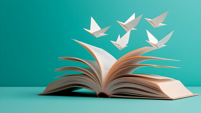 Open Book with White Paper Birds Flying on Teal Background