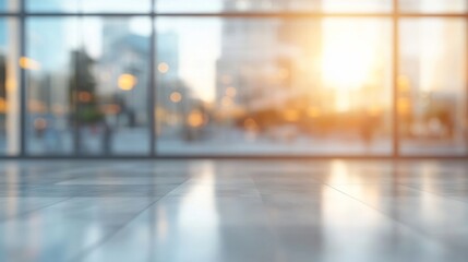 Reflected sunlight floods through large glass windows onto floor