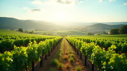 Fototapeta premium Photo Realistic Top View of a Vineyard with Automated Pruning Systems: A Double Exposure Concept for Smart Vineyard Management and Efficient Vine Care with Copy Space