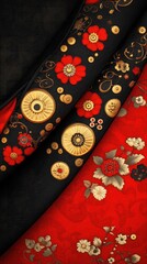 Ornate folds of patterned fabric with red floral, circular gold design on black and red