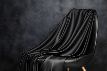 Naklejka premium Elegant black satin draped over a modern chair against a textured dark backdrop, creating a luxurious atmosphere