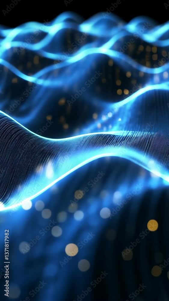 Poster waves of light create a mesmerizing visual effect with shimmering particles and glowing contours in 