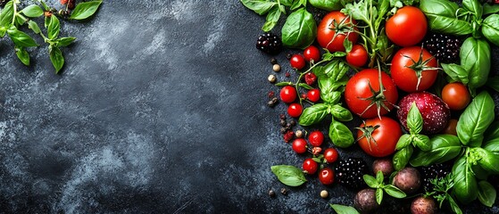 Fresh Tomatoes Basil Dark Table.
