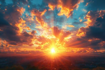 Obraz premium Stunning Sunset Over Blue Sky with Vibrant Colors and Soft Sun Rays in a Beautiful Landscape