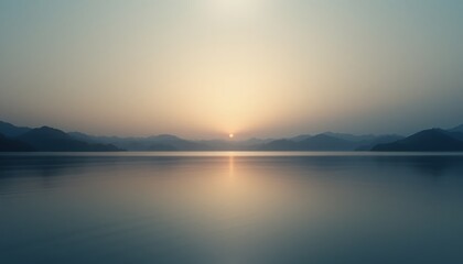 Fototapeta premium Sunset reflection over calm water serene landscape nature photography tranquil environment wide angle view peaceful concept for relaxation