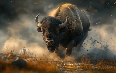 Charging Bison Bull Kicking Up Dust on Dark Foggy Prairie in American West