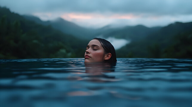 Woman Swimming in a Pool at Sunset with Mountain View