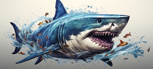 White background with drawings of colorful megalodon for children, ai generative