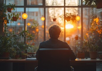 Naklejka premium Smiling Young Professional Businessman at Modern Office Desk with Colleague in Background