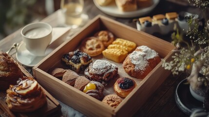 Luxury breakfast box with gourmet pastries, elegant brunch concept, high-end dining.