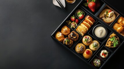 Luxury breakfast box with gourmet pastries, elegant brunch concept, high-end dining.