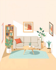 A bright minimalist living room with white walls, wooden furniture, and natural light, creating a warm and inviting atmosphere. Generative AI