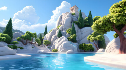 Serene Seascape with Ancient Temple on White Cliffs