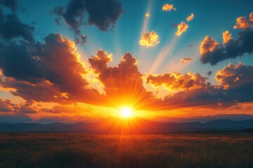 Naklejka premium Stunning sunset over a vibrant blue sky with clouds and golden sunlight in a beautiful nature landscape