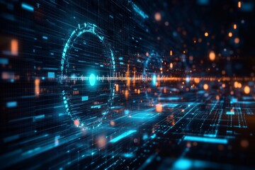 Obraz premium Futuristic digital interface, glowing holographic circles, data streams, network pathways