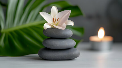 Obraz premium Serene Spa Setting with Stacked Grey Stones and White Lily