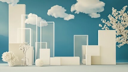 Serene Minimalist Display  White Cubes  Glass  Flowers  Clouds