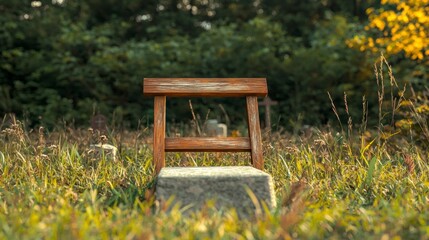Naklejka premium Rustic Wooden Grave Bench Cemetery Remembrance Peace Tranquility Nature