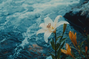 White Lily Flower Beside a Blue Water Stream
