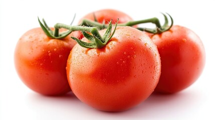 Four ripe red tomatoes on the vine, water droplets.