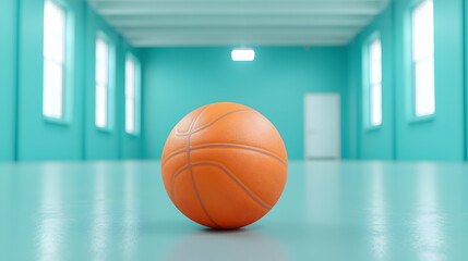 Fototapeta premium Orange Basketball on Teal Floor in Empty Room
