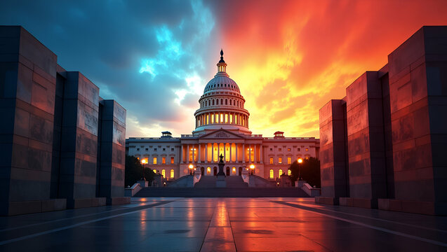 Bold political backdrop capturing legislative debates strategic maneuvers global ramifications of trade disputes with generous uncluttered space reserved for brand or textual emphasis in  Photo Stock 