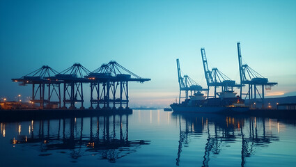 Photo realistic double exposure of a shipping terminal silhouette intertwined with cost analysis symbols, ideal for financial planning in supply chains, with ample copy space.