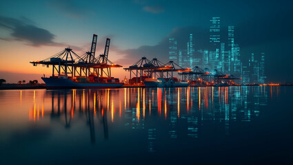 Fototapeta premium Photo realistic silhouette of a cargo bay and turnover dashboard, symbolizing stock turnover analysis and efficiency, with ample copy space.
