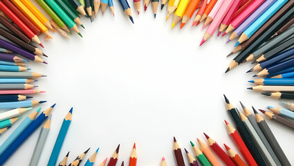 Fototapeta premium Photo Realistic Top View of a Creative Workspace: Drawing Pad and Color Pencils in Double Exposure with Copy Space for Design Inspiration