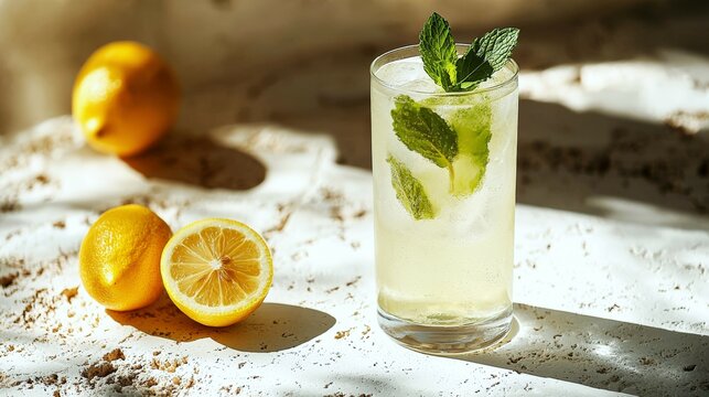Refreshing mint lemonade on a white stone table in Almera's bright sunlight
