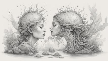 Deep breathing in contemplation with ethereal figures against nature  