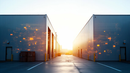 Obraz premium Photo realistic double exposure of a warehouse dock silhouette and a space planning chart, symbolizing efficient warehouse design with ample copy space.