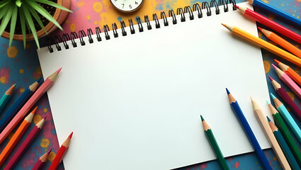Fototapeta premium Photo Realistic Top View of a Desk with Sketchbook and Colored Pencils in Double Exposure - Artistic Tools Symbolizing Creativity with Copy Space for Writing