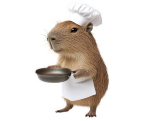 capybara dressed as chef, holding tiny frying pan, exudes playful charm. This whimsical scene captures essence of culinary creativity and fun