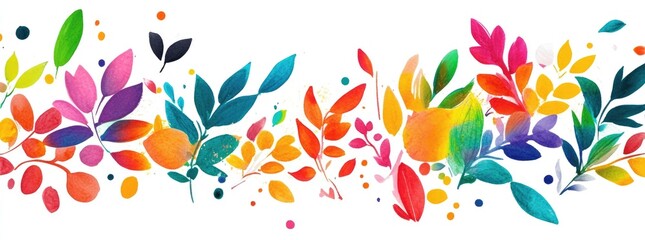 Fototapeta premium Colorful Leaves Flying in the Air - Vector Illustration with White Background, Colorful Splashes, Ink Dots, and Bright, Vivid Colors