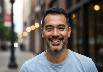 Fototapeta premium Portrait of a smiling individual on a city street scene