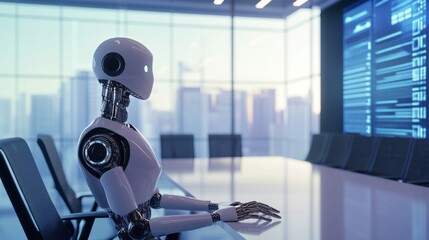 A robotic AI assistant helping in a high tech office, sleek corporate workspace with interactive digital screens, High-tech style