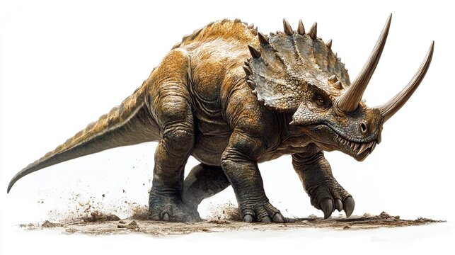 Charging dinosaur, prehistoric creature, isolated on white.