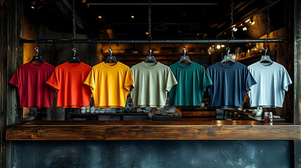 Colorful T-shirts hanging in a rustic caf? setting, showcasing vibrant fashion choices