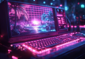 Retro Computer Technology with Synthwave Art Style and Neon Gridlines