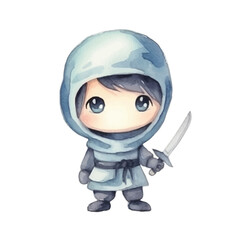  ninja with sword cute watercolors illustration on white background