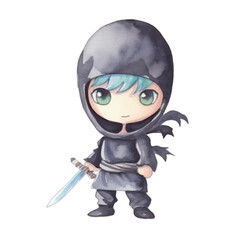 ninja with sword cute watercolors illustration on white background