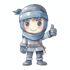 ninja with thumbs up cute watercolors illustration on white background